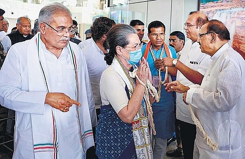 Sonia Gandhi and Chhattisgarh CM Bhupesh Baghel at the 85th plenary session of the Congress party in Nava Raipur on Friday. (Photo | PTI)