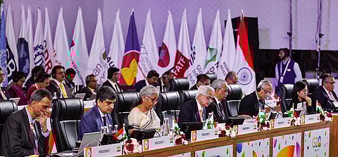 Finance Minister Nirmala Sitharaman with RBI Governor Shaktikanta Das and other dignitaries during the G20 FM meet, in Bengaluru, Feb. 24, 2023. (Photo | PTI)