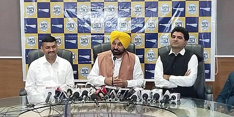 Punjab CM Bhagwant Mann addressing a press conference in Bhavnagar city of Gujarat