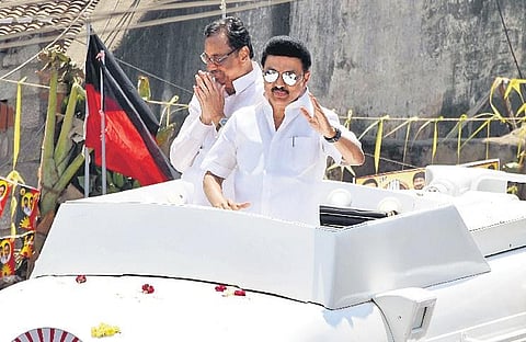 CM M K Stalin seeking votes for Congress candidate EVKS Elangovan in Erode on Saturday | Express