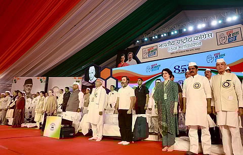 Congress president Mallikharjun Kharge, CPP Chairperson Sonia Gandhi and other senior party leaders during the Congress' 85th Plenary session in Raipur on Saturday. (Photo | ANI)