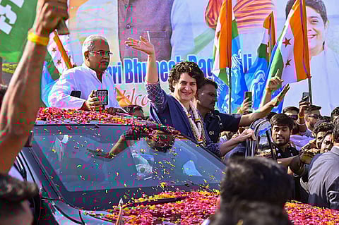 Congress leader Priyanka Gandhi arrives to attend the 85th Plenary Session of the Indian National Congress, in Raipur, Feb. 25, 2023. (Photo | PTI)