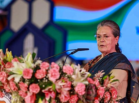 Congress leader Sonia Gandhi speaks during the 85th Plenary Session of the Indian National Congress, in Raipur, Feb. 25, 2023. (Photo | PTI)