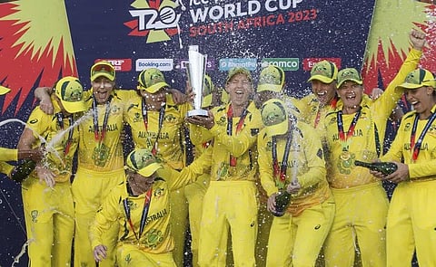 Australia players celebrate after winning the Women's T20 World Cup semi final cricket match against South Africa, in Cape Town, South Africa, Sunday Feb. 26, 2023. (Photo | AP)