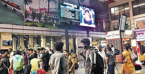 The digital display board with arrival and departure of trains at the Chennai Central station | p jawahar