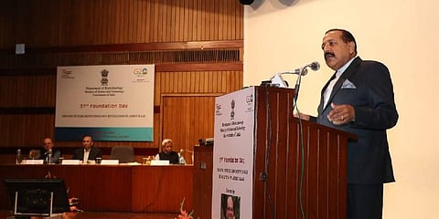Union Minister Dr Jitendra Singh speaks at the 37th Foundation day of Department of Biotechnology (DBT) in Delhi. (Photo | PTI)