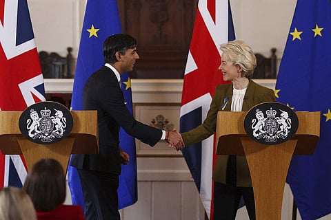 Britain's PM Rishi Sunak (L) and EU Commission President Ursula von der Leyen shake hands after a press conference at Windsor, England, Feb. 27, 2023. (Photo | AFP)