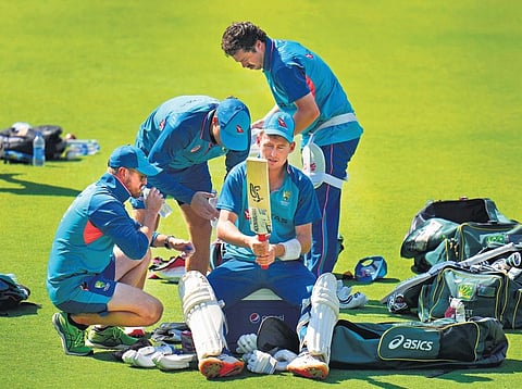 Australian players during a nets session on Monday| PTI