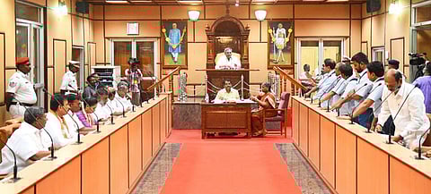 DMK members attended the Puducherry Assembly session in school uniform after arriving in cycles. (Photo | Special Arrangement)