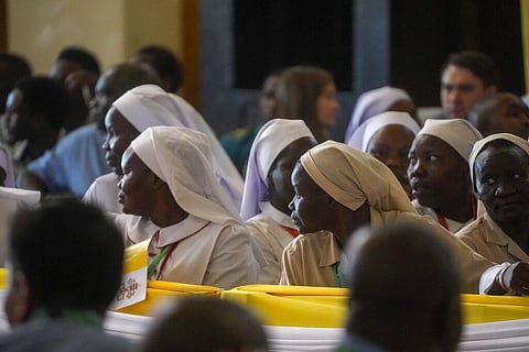 Nuns wait for the arrival of Pope Francis for a meeting with priests, deacons, consecrated people and seminarians at the Cathedral of Saint Theresa in Juba, South Sudan. (Photo | AP)