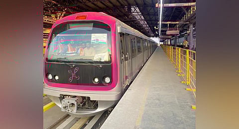 Hi-speed trial runs began at the Whitefield-KR Puram Metro station on Sunday. The train used for the trial, seen at KR Puram stn, touched 80kmph for the first time. (Photo | S Lalitha)