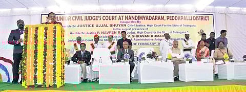 Chief Justice of the Telangana High Court Justice Ujjal Bhuyan addresses the inauguration programme of a court in Peddapalli district on Sunday