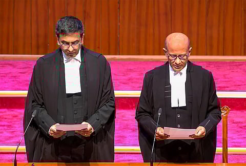 Justice P.V. Sanjay Kumar being sworn-in as a Supreme Court judge by Chief Justice of India Justice D.Y. Chandrachud (Photo | PTI)
