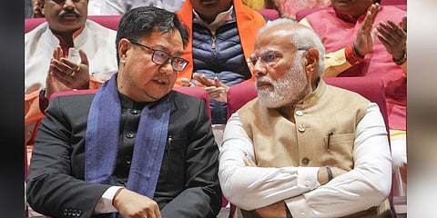 Prime Minister Narendra Modi with Union Law Minister Kiren Rijiju during the BJP Parliamentary Party meeting. (Photo | PTI)