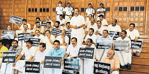 Leader of Opposition V D Satheesan inaugurating the indefinite satyagraha launched by four UDF MLAs inside the assembly on Monday | Express
