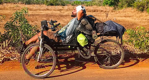 Two youths from Punjab in their 20s are on a long tour of India on their tricycles and they intend to create awareness on environment-friendly lifestyles. (Photo | Special arrangement)