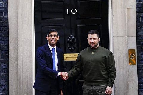 British Prime Minister Rishi Sunak (L) welcomes Ukraine's President Volodymyr Zelenskyy at Downing Street in London, Wednesday, Feb. 8, 2023. (Photo | AP)