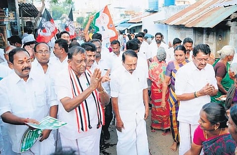 AIADMK candidate KS Thennarasu began his campaign in Erode East constituency on Tuesday | Express
