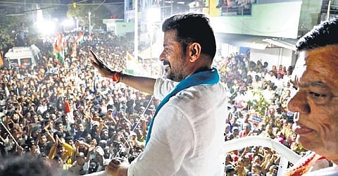 TPCC president A Revanth Reddy addressing a public meeting in Mulugu on Tuesday