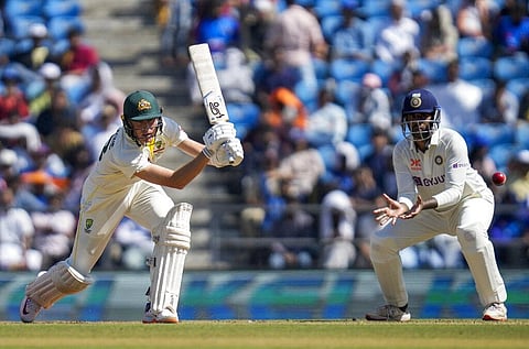 Australia's Marnus Labuschagne plays a shot during the first day of the first cricket test match between India and Australia in Nagpur, India. (Photo | AP)