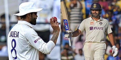 India's two heroes of the day - captain Rohit Sharma (L) and all-rounder Ravindra Jadeja, Feb. 9, 2023. (Photo| AP)