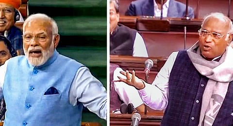 Prime Minister Narendra Modi  and Congress leader Mallikarjun Kharge . (Photo | PTI)