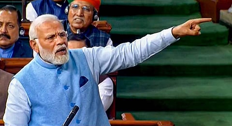 Prime Minister Narendra Modi replies to the Motion of Thanks on the President's Address in the Lok Sabha during Budget Session of Parliament. (Photo | PTI)