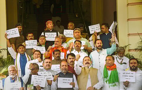 BJP legislators stage a protest against the Bihar government during the Budget Session Assembly, in Patna. (Photo | PTI)