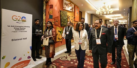 Union Minister Jitendra Singh with Paola Severino of Italy and other delegates at the inaugural session for the G20 Anti-Corruption Group meeting 2023, in Gurugram, March 1, 2023. (PTI Photo | PTI)