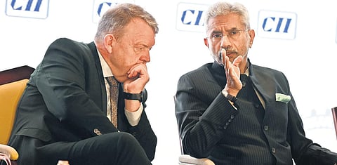 EAM S Jaishankar with his Danish counterpart Lars Lokke Rasmussen at the ‘India-Europe Business and Sustainability Conclave’ in Delhi on Tuesday. (Photo | Shekhar Yadav, EPS)