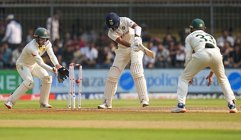 Indian batter Cheteshwar Pujara bowled out during the first day of the 3rd test cricket match against Australia, in Indore, March 1, 2023. (Photo | PTI)