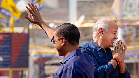 Arvind Kejriwal and Manish Sisodia during a public meeting in the national capital.