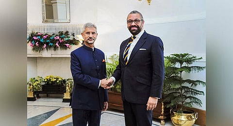 External Affairs Minister S. Jaishankar with UK Foreign Secretary James Cleverly during a meeting, in New Delhi. (Photo | PTI)