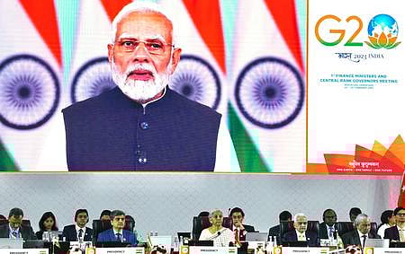 PM Narendra Modi addresses a G20 meeting via video conference. (Photo | Express)