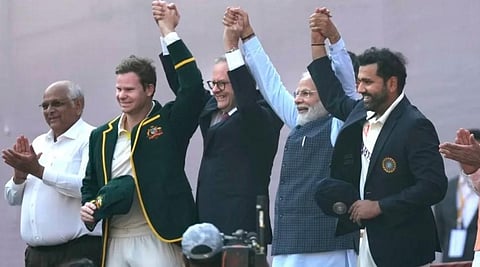 India Prime Minister Narendra Modi and his Australian counterpart Anthony Albanese with the two captains before the start of play in Ahmedabad. (Photo | AP)