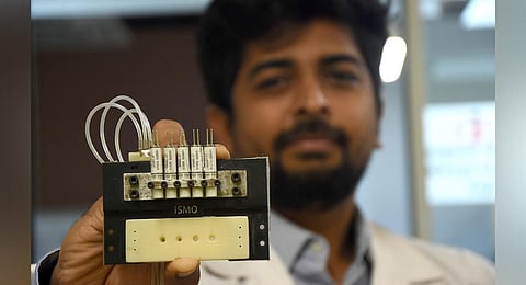 The microfluidic chip developed by ISMO Bio-Photonics. (Photo | Ashwin Prasath, EPS)