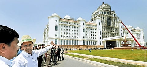 Chief Minister K Chandrasekhar Rao inspects the  ongoing works at the Secretariat complex in Hyderabad on Friday