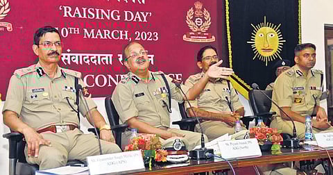 Top CISF officers interact with the media during the annual press conference at NISA in Hyderabad on Friday