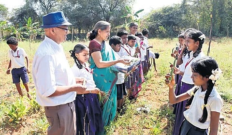 Professor Ramu Manivannan and Sheela busy farming with the students  in their ‘Amaidhi Poonga’ in Kaniyambadi of Vellore | S Dinesh