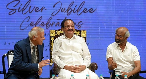 Venkaiah Naidu,former vice president of India and actor Rajinikanth during the Sapiens Health Foundation event held at Music Academy in Chennai on Saturday. (Photo | R.Satish babu, EPS)