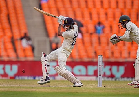 Axar Patel plays a shot during the 4th day of the fourth test cricket match between India and Australia, in Ahmedabad, March 12, 2023. (Photo | PTI)