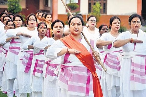 Rashtriya Sevika Samiti members taking part in a route march in Prayagraj. (Photo | ANI)