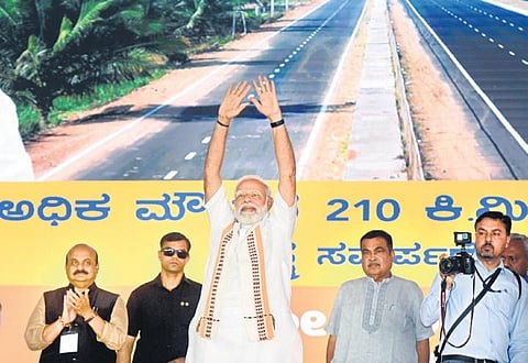 Road to polls: Prime Minister Narendra Modi dedicates the Mysuru-Bengaluru expressway at Gejjagadahalli in Mandya on Sunday