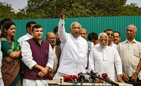 Leader of Opposition in Rajya Sabha Mallikarjun Kharge with other opposition parties' MPs addresses the media during the Budget Session of Parliament, in New Delhi, March 13, 2023. (Photo | PTI)