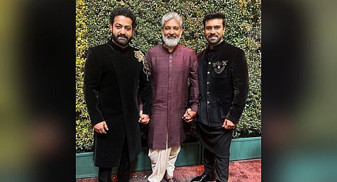 Jr NTR, SS Rajamouli, and Ram Charan at the Oscars (Photo | Ram Charan Twitter)