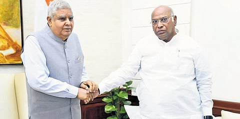 Vice President Jagdeep Dhankhar with Mallikarjun Kharge, Leader of Opposition (Rajya Sabha) during a meeting at Upa-Rashtrapati Nivas in New Delhi | PTI