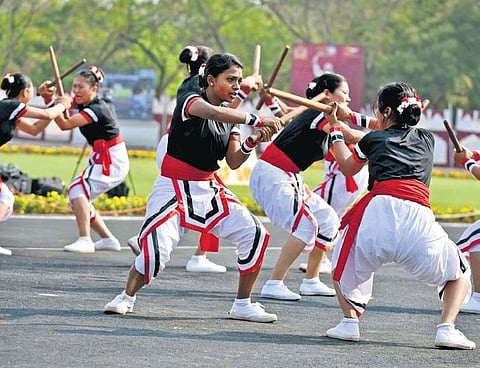 CISF women officers display combat action during the force’s 54th Raising Day celebrations held at NISA Stadium in Hyderabad on Sunday
