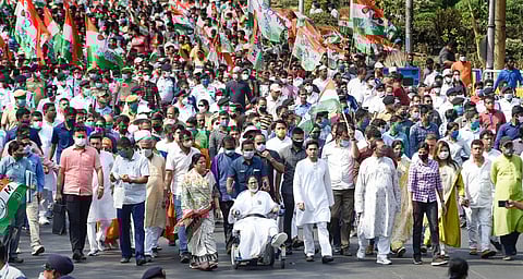 West Bengal CM Mamata Banerjee along with TMC leaders and supporters during a rally on 'Nandigram Diwas' in 2021. (File Photo | PTI)