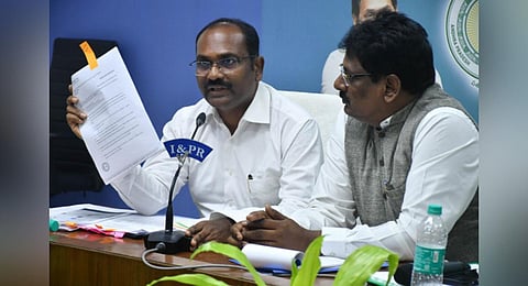 V Ramakrishna, IG, Stamps & Registrations & N Sanjay, ADG, CID jointly addressing the media during a press conference.(Prasant Madugula ,EPS)