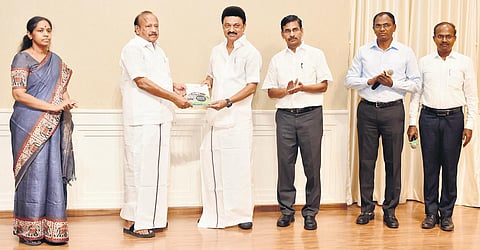 CM MK Stalin gave the first copy of the Organic Farming Policy for Tamil Nadu to Agriculture Minister MRK Panneerselvam at the secretariat on Tuesday | Express